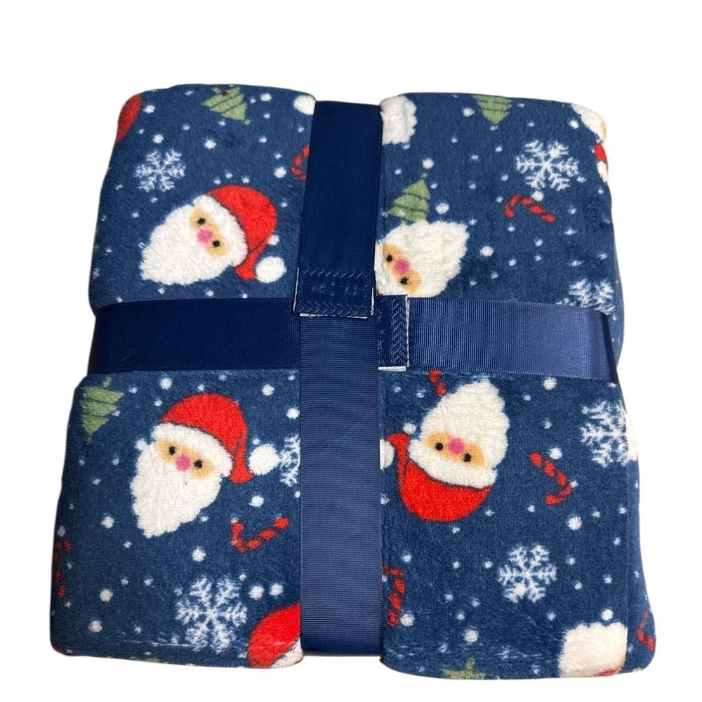 ANA Pillow & Throw‎ Gift Set Santa Snowflake Tree Flannel Fleece 50x60 Navy Blue